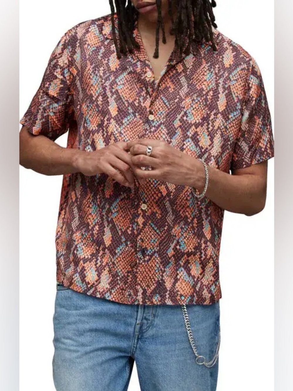AllSaints Snake Print Button Up Shirt Relaxed Fit Size Medium